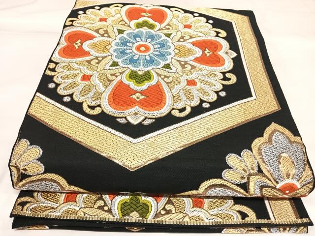 平和屋着物◎六通柄　本京袋帯　唐織　花菱文　黒地　金銀糸　正絹　逸品　AABK4891yx