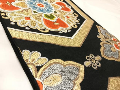 平和屋着物◎六通柄　本京袋帯　唐織　花菱文　黒地　金銀糸　正絹　逸品　AABK4891yx