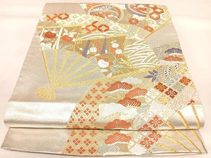 平和屋着物◎佐賀錦　扇面小紋　六通柄袋帯　唐織　扇面花文　金銀糸　正絹　逸品　AABK4893yx