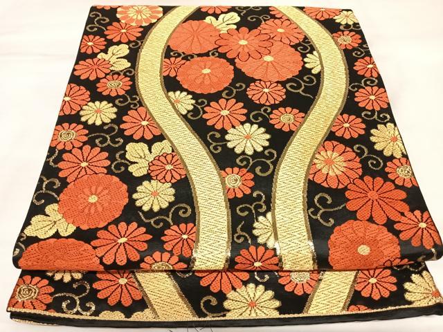 平和屋着物◎六通柄袋帯　唐織　立涌花文　とのむら　黒地　金糸　正絹　逸品　AABK4895yx