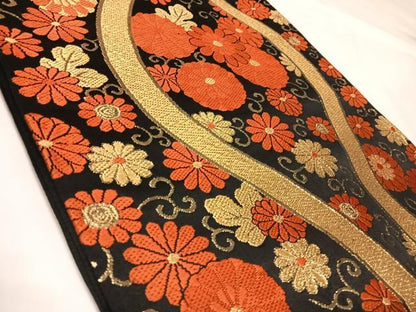 平和屋着物◎六通柄袋帯　唐織　立涌花文　とのむら　黒地　金糸　正絹　逸品　AABK4895yx