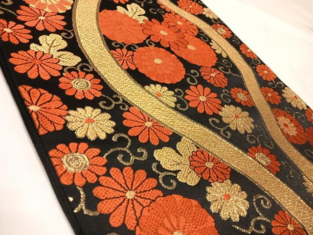 平和屋着物◎六通柄袋帯　唐織　立涌花文　とのむら　黒地　金糸　正絹　逸品　AABK4895yx