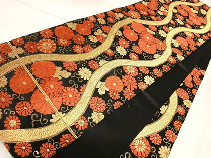 平和屋着物◎六通柄袋帯　唐織　立涌花文　とのむら　黒地　金糸　正絹　逸品　AABK4895yx