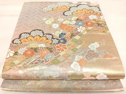 平和屋着物◎太鼓柄袋帯　唐織　吉祥花文　金銀糸　正絹　逸品　AABK4896yx