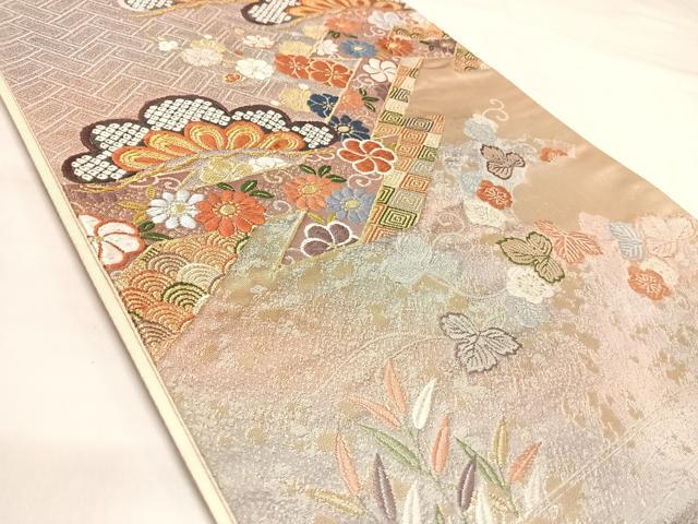 平和屋着物◎太鼓柄袋帯　唐織　吉祥花文　金銀糸　正絹　逸品　AABK4896yx