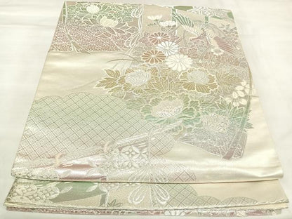 平和屋着物◎六通柄袋帯　煌きのオパール　几帳花鳥文　金銀糸　正絹　逸品　AABK4898yx