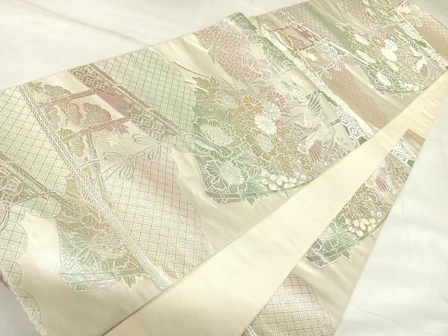 平和屋着物◎六通柄袋帯　煌きのオパール　几帳花鳥文　金銀糸　正絹　逸品　AABK4898yx