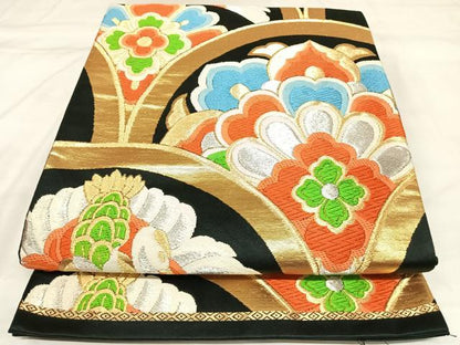 平和屋着物◎六通柄袋帯　唐織　花鳥文　黒地　金銀糸　正絹　逸品　AABK4901yx
