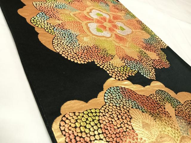 平和屋着物◎六通柄袋帯　舞花文　黒地　金銀糸　正絹　逸品　AABK4904yx