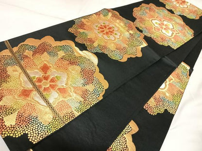 平和屋着物◎六通柄袋帯　舞花文　黒地　金銀糸　正絹　逸品　AABK4904yx