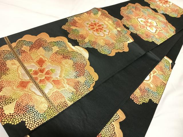 平和屋着物◎六通柄袋帯　舞花文　黒地　金銀糸　正絹　逸品　AABK4904yx