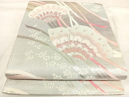 平和屋着物◎両面六通柄袋帯　唐織　花蝶文　銀糸　正絹　逸品　AABK4905yx