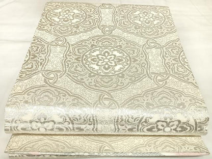 平和屋着物◎両面六通柄袋帯　唐織　花蝶文　銀糸　正絹　逸品　AABK4905yx