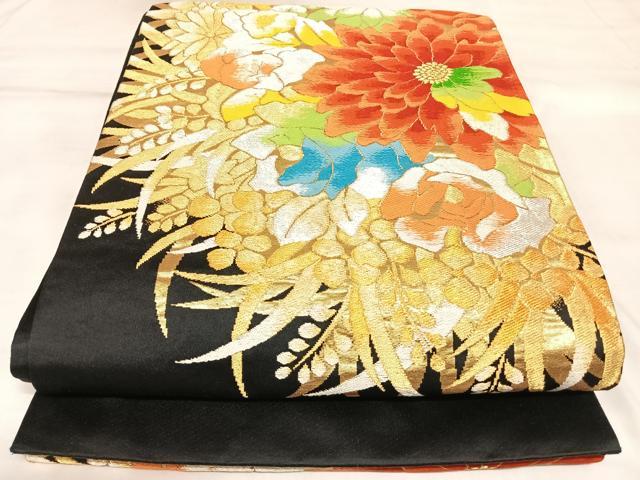 平和屋着物◎六通柄袋帯　唐織　草花文　黒地　金銀糸　正絹　逸品　AABK4909yx