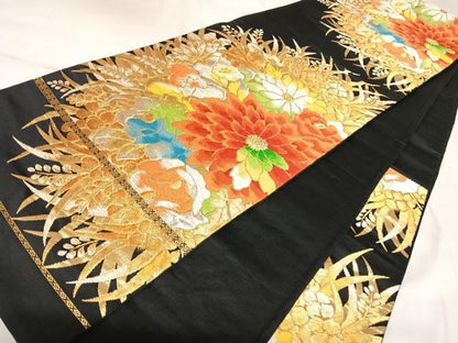 平和屋着物◎六通柄袋帯　唐織　草花文　黒地　金銀糸　正絹　逸品　AABK4909yx