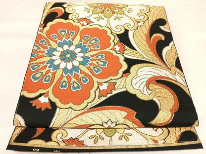 平和屋着物◎六通柄　本京袋帯　唐織　花唐草文　聚楽　黒地　金糸　正絹　逸品　AABK4913yx