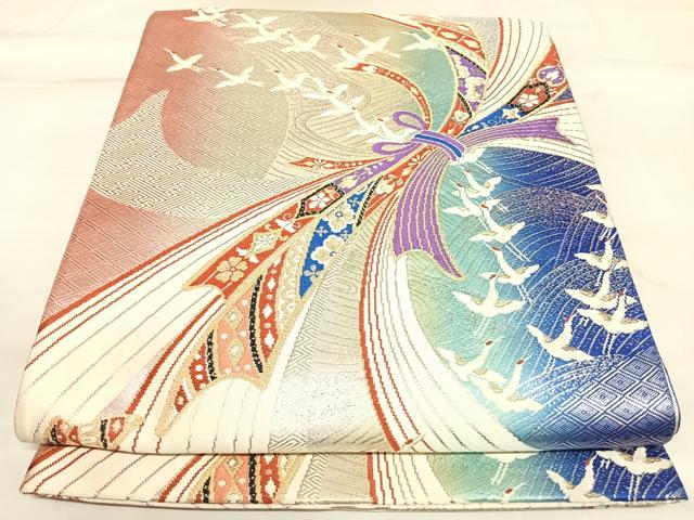 平和屋着物◎両面六通柄袋帯　唐織　流水束ね熨斗飛鶴文　金銀糸　正絹　逸品　AABK4923yx