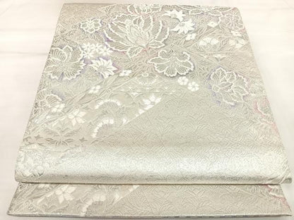 平和屋着物◎両面六通柄袋帯　唐織　松皮菱花文　銀糸　正絹　逸品　AABK4924yx