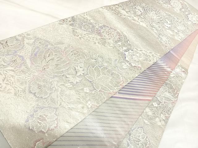 平和屋着物◎両面六通柄袋帯　唐織　松皮菱花文　銀糸　正絹　逸品　AABK4924yx