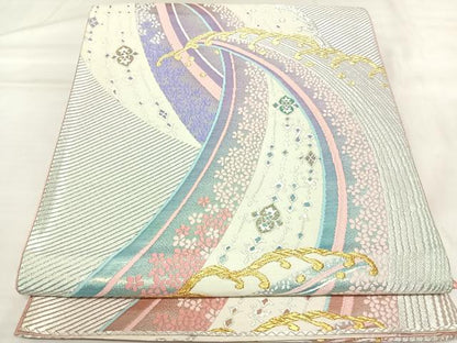 平和屋着物◎両面六通柄袋帯　唐織　立波花文　金銀糸　正絹　逸品　AABK4926yx