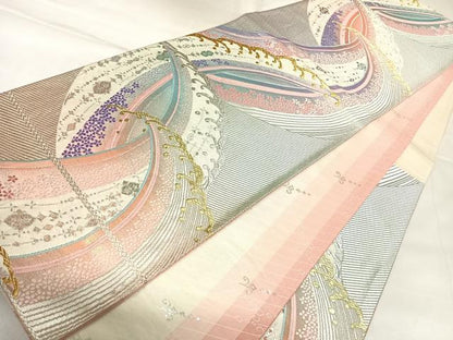 平和屋着物◎両面六通柄袋帯　唐織　立波花文　金銀糸　正絹　逸品　AABK4926yx