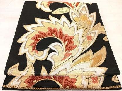 平和屋着物◎六通柄　本袋帯　唐織　花唐草文　黒地　金糸　正絹　逸品　AABK4930yx