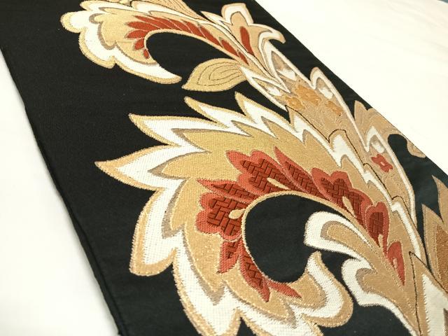 平和屋着物◎六通柄　本袋帯　唐織　花唐草文　黒地　金糸　正絹　逸品　AABK4930yx