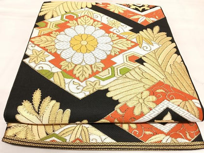 平和屋着物◎六通柄　本袋帯　唐織　東京小町　松皮菱花文　黒地　金糸　正絹　逸品　AABK4932yx