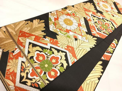 平和屋着物◎六通柄　本袋帯　唐織　東京小町　松皮菱花文　黒地　金糸　正絹　逸品　AABK4932yx