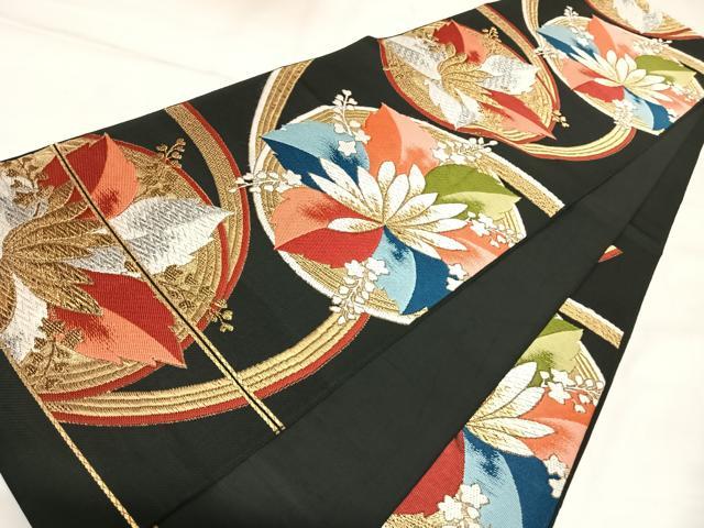 平和屋着物◎六通柄　本袋帯　唐織　花丸文　黒地　金銀糸　AABK4935yx