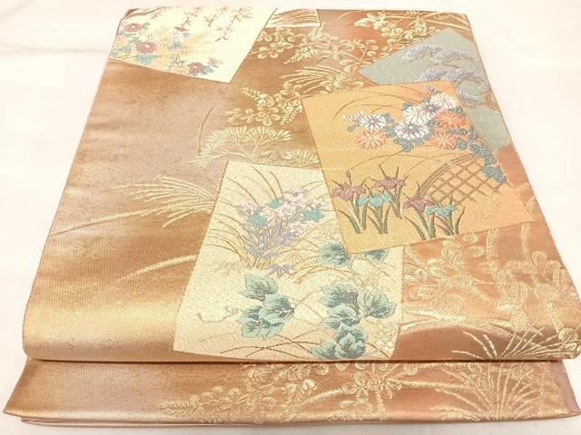平和屋着物◎太鼓柄袋帯　唐織　色紙重ね花文　金銀糸　正絹　逸品　AABK4942yx