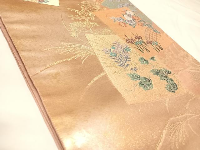 平和屋着物◎太鼓柄袋帯　唐織　色紙重ね花文　金銀糸　正絹　逸品　AABK4942yx