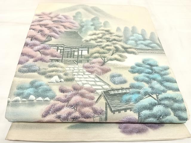 平和屋着物◎太鼓柄袋帯　風景文　銀糸　正絹　逸品　AABK4947yx