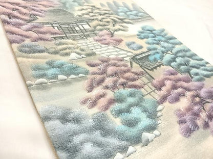 平和屋着物◎太鼓柄袋帯　風景文　銀糸　正絹　逸品　AABK4947yx