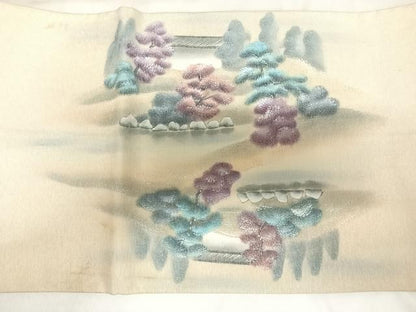 平和屋着物◎太鼓柄袋帯　風景文　銀糸　正絹　逸品　AABK4947yx