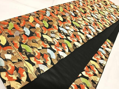 平和屋着物◎六通柄京袋帯　唐織　舞扇尽くし　黒地　金銀糸　正絹　逸品　AABK4948yx