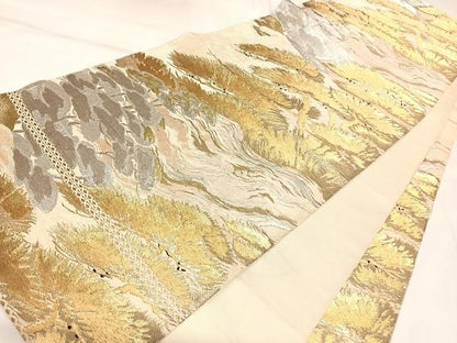 平和屋着物◎六通柄　本袋帯　流水松文　金糸　正絹　逸品　AABK4951yx