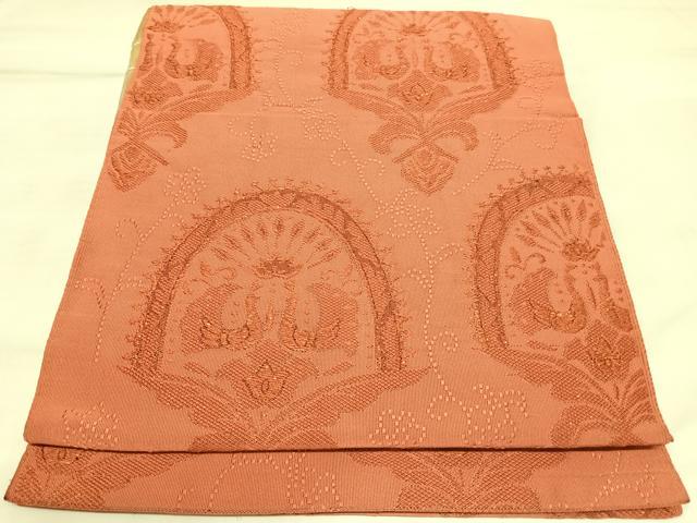 平和屋着物◎綴れ　八寸名古屋帯　向い鳥花文　金糸　正絹　逸品　AABK4955yx