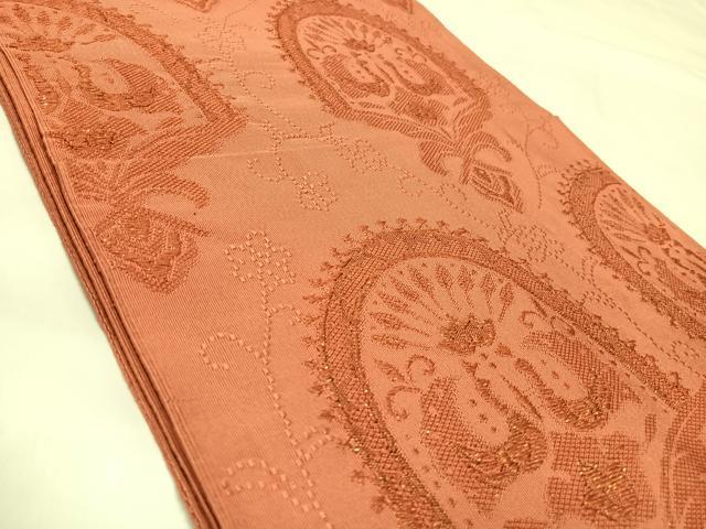 平和屋着物◎綴れ　八寸名古屋帯　向い鳥花文　金糸　正絹　逸品　AABK4955yx