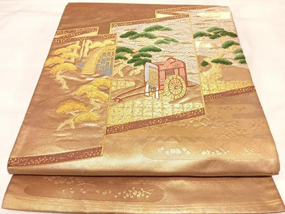 平和屋着物◎太鼓柄袋帯　唐織　屏風御所車風景文　金糸　正絹　逸品　AABK4957yx