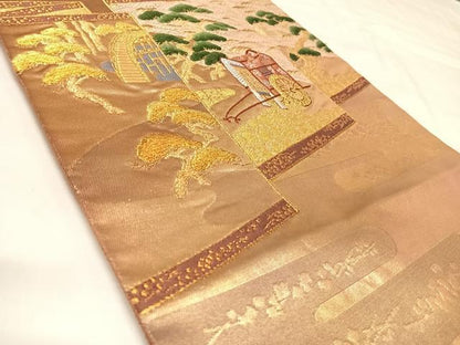 平和屋着物◎太鼓柄袋帯　唐織　屏風御所車風景文　金糸　正絹　逸品　AABK4957yx
