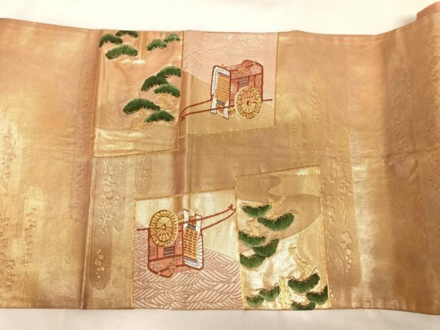 平和屋着物◎太鼓柄袋帯　唐織　屏風御所車風景文　金糸　正絹　逸品　AABK4957yx