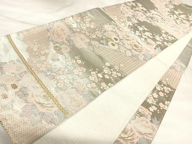 平和屋着物◎六通柄袋帯　唐織　純銀の彩　王朝錦　花籬文　金銀糸　正絹　逸品　AABK4960yx