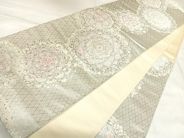 平和屋着物◎六通柄袋帯　唐織　正倉院花文　銀糸　正絹　逸品　AABK4962yx