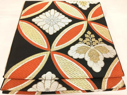 平和屋着物◎六通柄　京本袋帯　唐織　七宝花文　黒地　金銀糸　正絹　逸品　AABK4977yx
