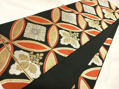 平和屋着物◎六通柄　京本袋帯　唐織　七宝花文　黒地　金銀糸　正絹　逸品　AABK4977yx