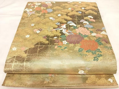 平和屋着物◎六通柄袋帯　唐織　松山花鳥紋　金糸　正絹　逸品　AABK4983yx