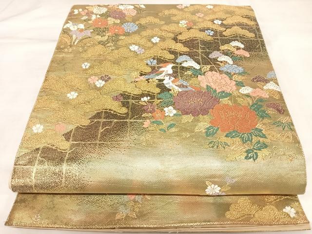 平和屋着物◎六通柄袋帯　唐織　松山花鳥紋　金糸　正絹　逸品　AABK4983yx