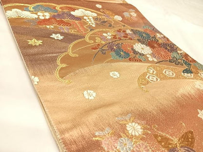 平和屋着物◎六通柄袋帯　唐織　立波花蝶文　金糸　正絹　逸品　AABK4986yx