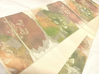 平和屋着物◎六通柄袋帯　霞花鳥文　金銀糸　正絹　逸品　AABK4997yx